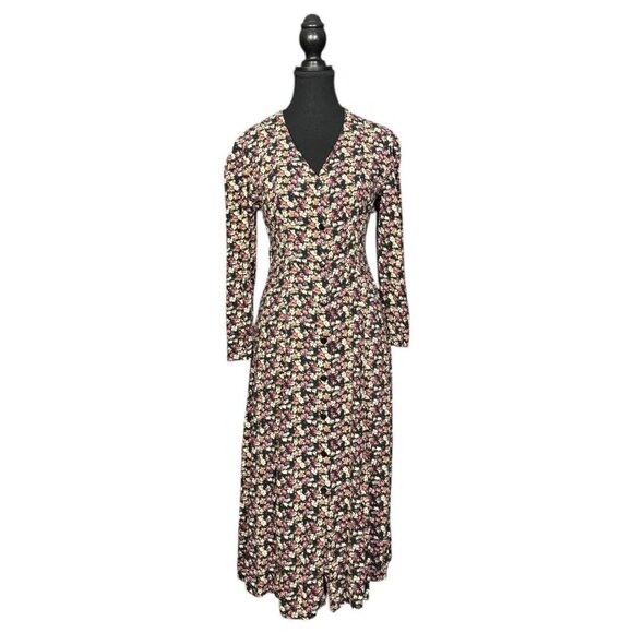 Vintage 90s Floral Rayon Button Front Dress, Long Sleeve Fit and Flare Boho - Picture 1 of 10